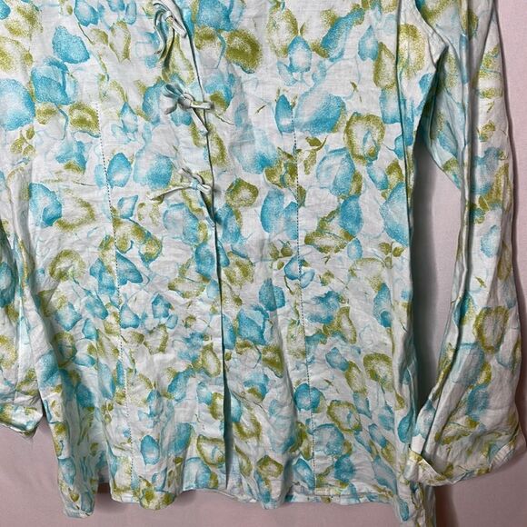 J.Jill 100% Linen Bow Button Watercolor Leaf Print Coastal Grandma Tunic Top. Sm - Picture 3 of 11
